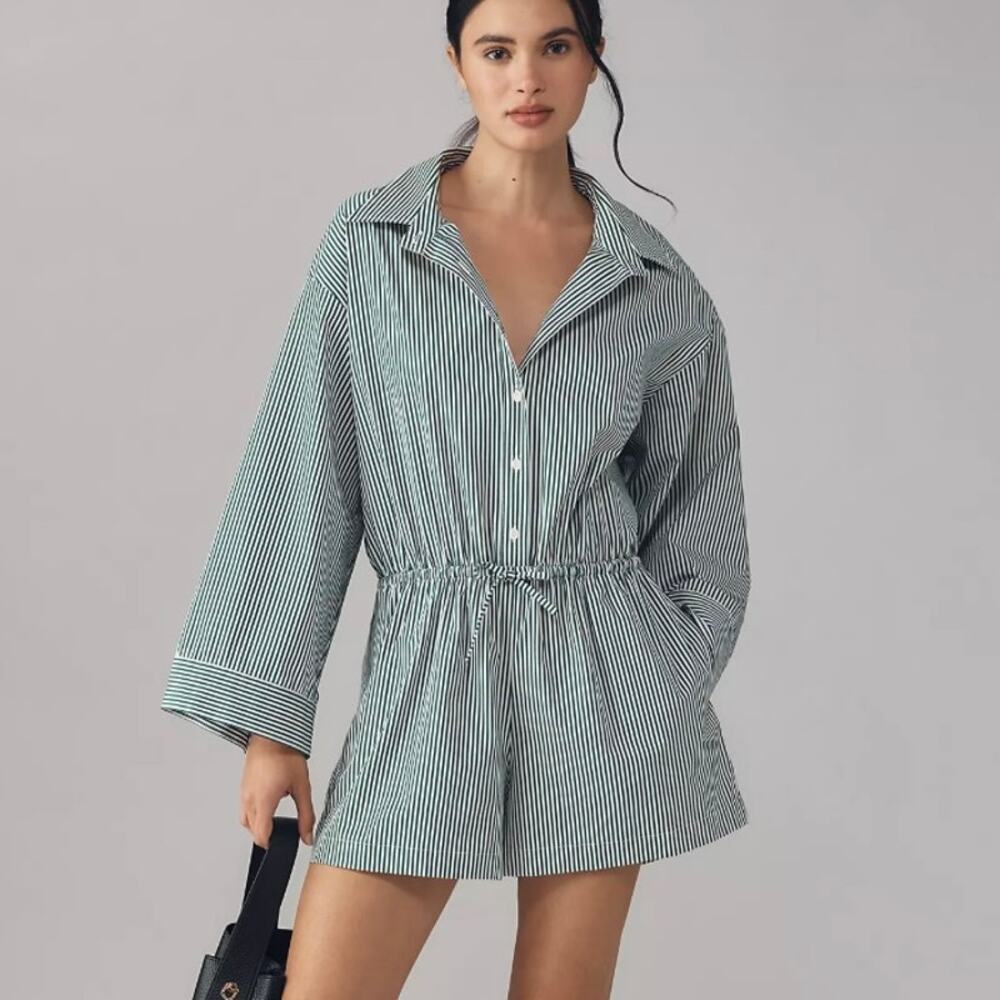 Faithfull The Brand Freja Striped Playsuit - Romper - Green + White - Size 8